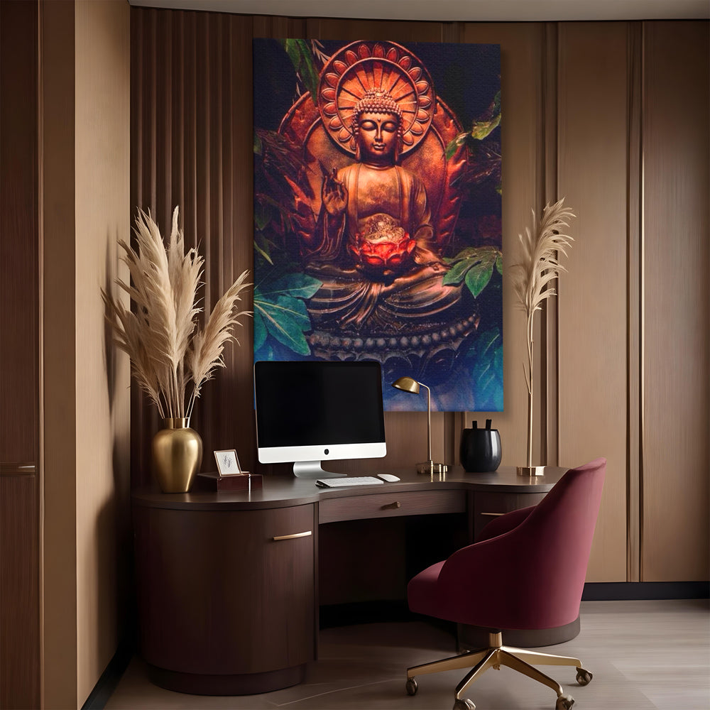 Tablou canvas cu tablou canvas cu statuie buddha in meditatie, fara rama, pe sasiu de lemn, pe perete intr-un birou